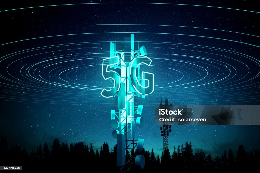 5G mobile signal Communication Mast (cell tower) Super fast data streaming concept. 3D illustration.